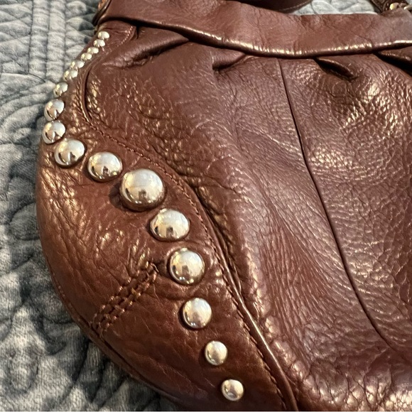B. Makowski Genuine Brown Leather Silver Studded Crossbody Bag. - Picture 6 of 13